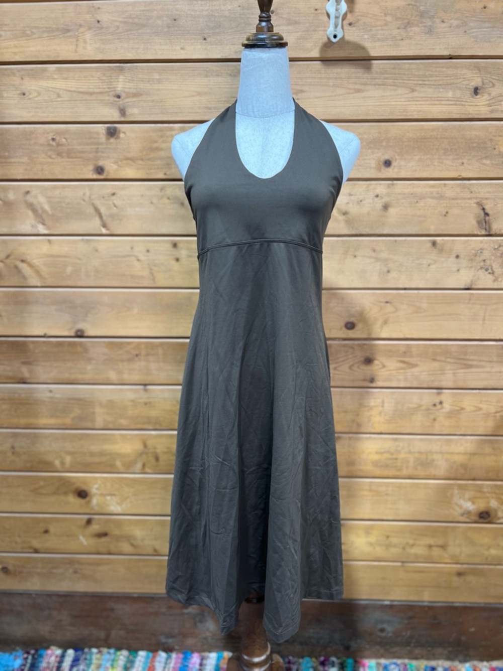 Brown Halter Dress Open Back Tie Lightweight Stretch L Vacation Ready